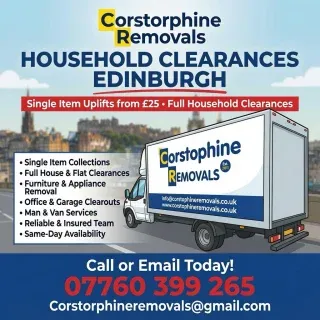 From single items starting at just £25 to complete house clearances – we’ve got you covered!

•  Full household clearances (houses, flats, bungalows)
•  Furniture and appliance removals
•  Garage, loft & shed clearouts
•  Office & commercial clearances
•  Man & Van hire services
•  Waste disposal & recycling
•  Packing & unpacking assistance
•  Local Edinburgh moves & nationwide options
•  Reliable, fully insured team

📍 Edinburgh & surrounding areas
Call: 07760 399 265
Email: Corstorphineremovals@gmail.com
#EdinburghRemovals #HouseholdClearance #CorstorphineRemovals