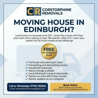 Moving house in Edinburgh? 🏠
Skip the stress. We’re a local, family-run removals company based in Corstorphine, helping people move since 2011.
✅ Fixed-price quotes
✅ Full packing & dismantling
✅ House clearances & secure storage
✅ Local Edinburgh moves + nationwide
✅ Fully insured
Free no-obligation quote – just get in touch.
📞 Call or WhatsApp: 07760 399265
📧 corstorphineremovals@gmail.com
📅 Book online via Calendly
We’ll call you at a time that suits you.
#EdinburghRemovals #Corstorphine #MovingHouseEdinburgh #EdinburghMovers #HouseClearanceEdinburgh RemovalsEdinburgh